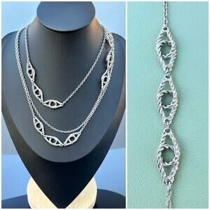 Crown Trifari Silver Tone Necklace Modernist Geometric Layering Chain Long 52”